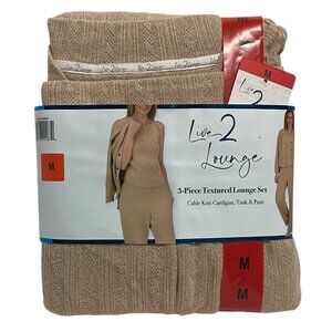 Live2Lounge Women’s M 3pc Tan Cozy Cable Knit Cardigan Tank Pants NWT